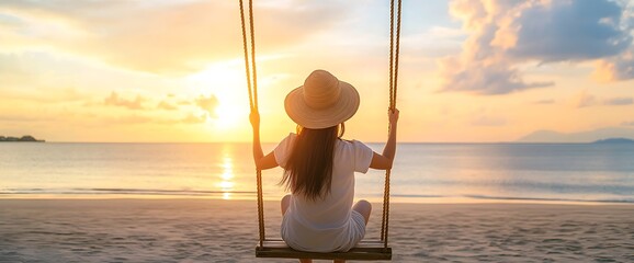 Wall Mural - Woman on a swing overlooking the ocean at sunset.