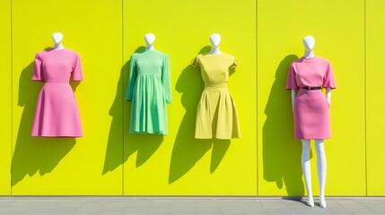 Aufkleber - Vibrant Fashion Storefront with Bold Mannequins Against Lime Green Background - HD Wallpaper
