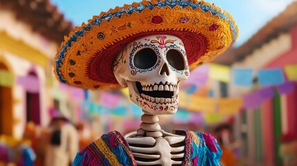 A vibrant skeleton adorned with a colorful sombrero and festive attire, set against a lively cultural background.