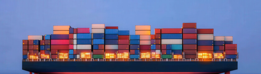 High above water, cargo ship is stacked high with colorful shipping containers, showcasing vibrant array of colors against serene sky. scene captures essence of global trade and maritime logistics