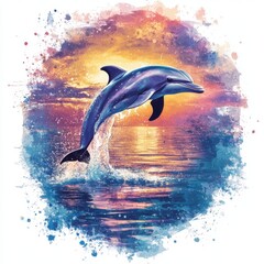 Watercolor Dolphin Jumping at Sunset