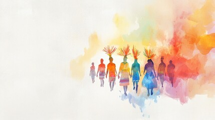 Indigenous people in ceremonial dress, nature setting, spiritual connection, Watercolor style