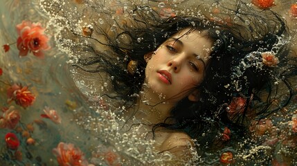 Wall Mural - A young woman with long dark hair floats in water surrounded by flowers.