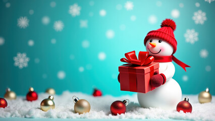 Wall Mural - Snowman holding a festive gift box