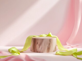Aufkleber - Minimalist Pink Background with Raw Wood Podium and Neon Yellow Ribbons Modern Product Display Mockup