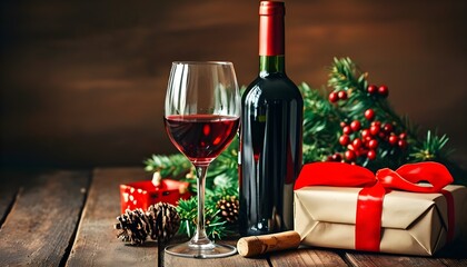 Cheers to Holiday Joy: Red Wine and Wrapped Gifts Embrace Festivity and Celebration