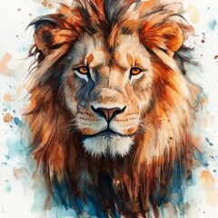  Watercolor Painting of Lion Portrait with Blue and Brown Splashes