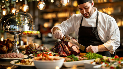 A chef behind a buffet station, carving a large roast, with juicy slices being served to guests in front of a beautifully arranged table of food.