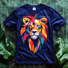 Blue T Shirt with Colorful Geometric Lion Design