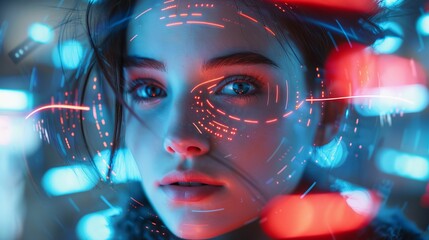 A mesmerizing portrait of a young woman with captivating blue tones and digital light effects, showcasing beauty and futuristic style.