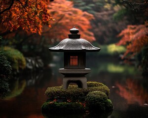 A lone stone lantern glows with warm light surrounded by lush greenery reflected in a still pond under a canopy of autumn leaves