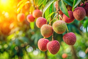 Sunlit ripe litchi hanging from tree in lush natural garden, fruit, litchi, juicy, sunlit, ripe