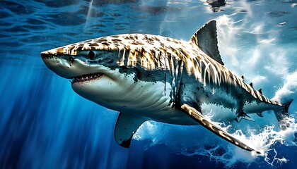 Wall Mural - Majestic Great White Shark Gliding Through Illuminated Deep Blue Ocean Waters