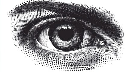 A close-up of a human eye in a 90s collage style halftone. Black spots on a white background. Modern illustration in black and white style.