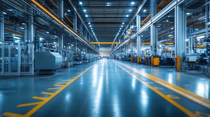 A bright, clean factory interior with modern machinery and production lines, showing sharp details and a well-lit environment