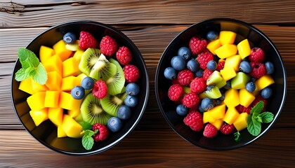 Wall Mural - Vibrant Fresh Fruit Salad with Kiwi, Mango, Raspberries, and Blueberries in Black Bowl on Rustic Wooden Background