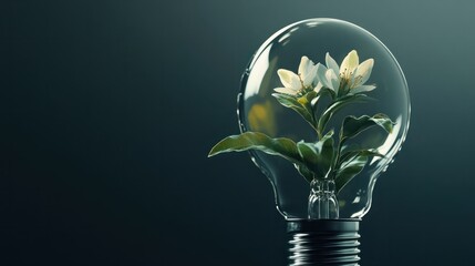 Blooming plant inside light bulb, representing eco-friendly green technology and innovation for sustainable businesses