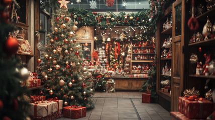 Festive holiday display adorned with a beautifully decorated Christmas tree in a cozy store