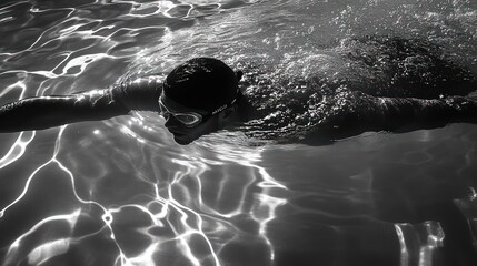 Sticker - A swimmer glides through water, showcasing athleticism in a dynamic black-and-white image.