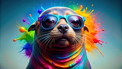 Adorable sea lion wearing sunglasses with colorful paint splash art, paint splash, ocean, adorable, art, sea lion