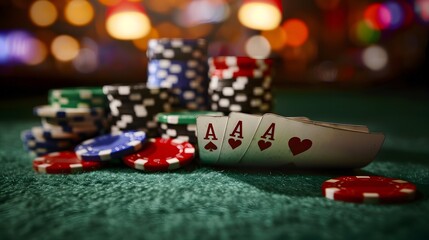 Cards and Chips: A poker scene with playing cards and a stack of colorful poker chips on a green felt table. 
