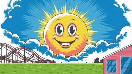 Bright and Cheerful Cartoon Sun Smiling Above Amusement Park