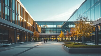 Modern architectural courtyard with glass buildings and autumn trees.