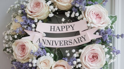 Poster - Floral Wreath with 'Happy Anniversary' Quote in Delicate Design