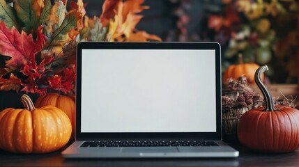 Laptop computer mock up white empty blank screen template Happy Halloween pumpkins decorations background, Thanksgiving digital online shopping website promo fall sale promotion offer ads, mockup.