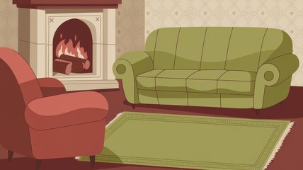 Sticker - Cozy Living Room with Green Sofa and Red Armchair by Fire