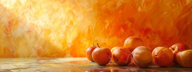 Wall Mural - Fresh Apricots on Reflective Surface with Orange Background