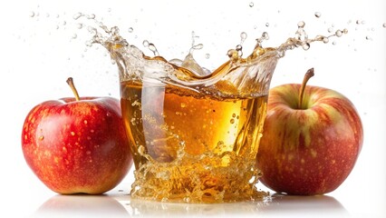 Close-up of refreshing splash of fresh apple juice soda against white background, beverage, splash, juice, refreshing, drink