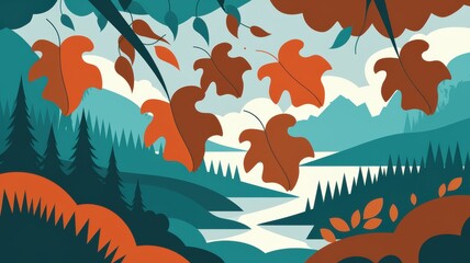 Canvas Print - Stylized Nature Scene with Fall Leaves and River Landscape