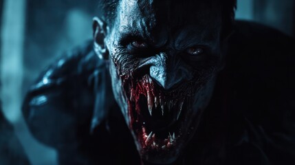 Menacing vampire with sharp fangs and decaying appearance in a dark setting.