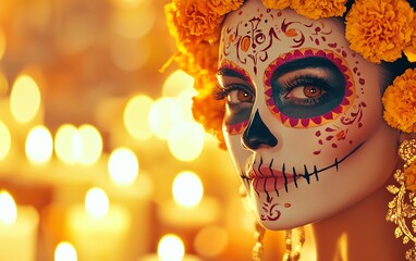 A beautifully adorned woman with traditional sugar skull makeup, showcasing vibrant colors and floral details in a festive atmosphere.