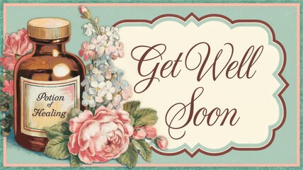 Canvas Print - Vintage Get Well Soon Card with Flowers and Potion Bottle