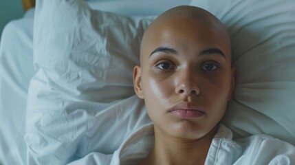 Wall Mural - A woman with a shaved head is laying on a bed