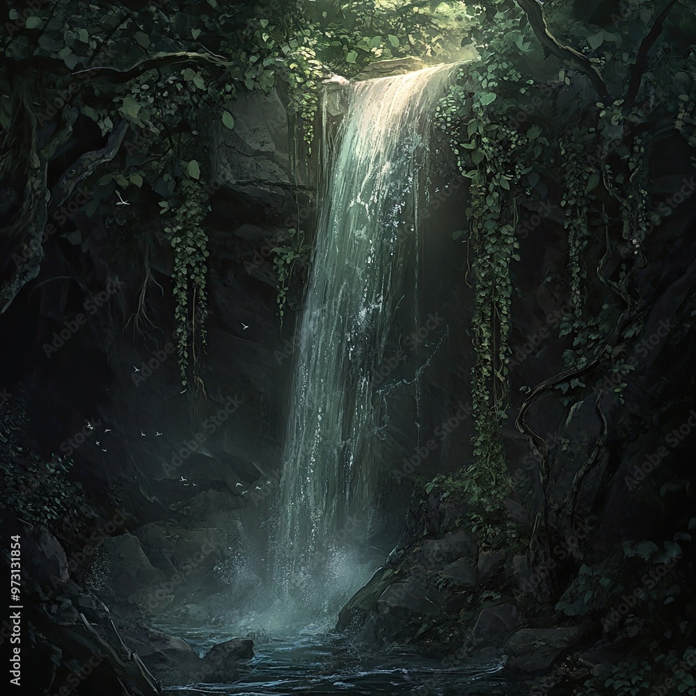 Serene Waterfall in a Lush Forest Environment Stock Photo | Adobe Stock
