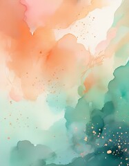 Wall Mural - vibrant abstract watercolor artwork featuring soft peach and teal hues with splashes, creating a liv