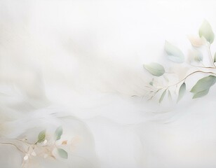 Wall Mural - Subtle botanical illustration featuring delicate green leaves and branches on a soft, textured white background with an airy feel.