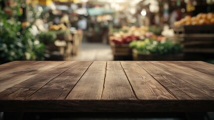 Wall Mural - A wooden table in a vibrant market setting, suggesting a place for food and social gatherings.