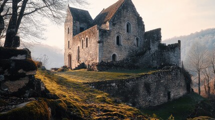 Sticker - A picturesque view of a historic stone castle on a grassy hill, surrounded by nature.