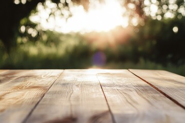 Aufkleber - Warm Sunlit Wooden Table in a Peaceful Garden for Product Display – Soft Ambient Light, Earthy Tones, Eco-Friendly Theme, Minimalist Composition