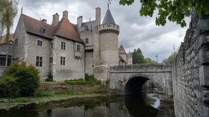 Canvas Print - A medieval castle beside a serene river under a cloudy sky.