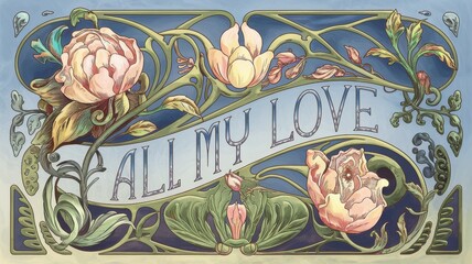 Sticker - Art Nouveau Card Featuring Floral Design and the Quote 'ALL MY LOVE'