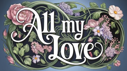 Wall Mural - Floral Typography Artwork Featuring 'All my Love' Quote