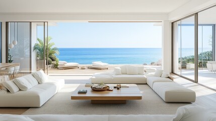 Modern living room with ocean view, featuring minimalist furniture and bright natural light.