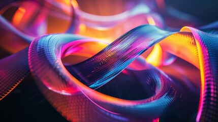 Aufkleber - Futuristic holographic shapes in vibrant neon colors swirling against a dark background. Close-up photo with clean background