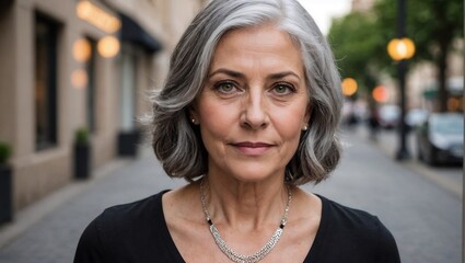 Wall Mural - A portrait of an older woman with short, silver hair standing outdoors, exuding confidence