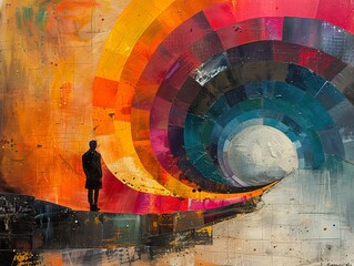 Wall Mural - A lone figure stands before a swirling, colorful, abstract vortex.